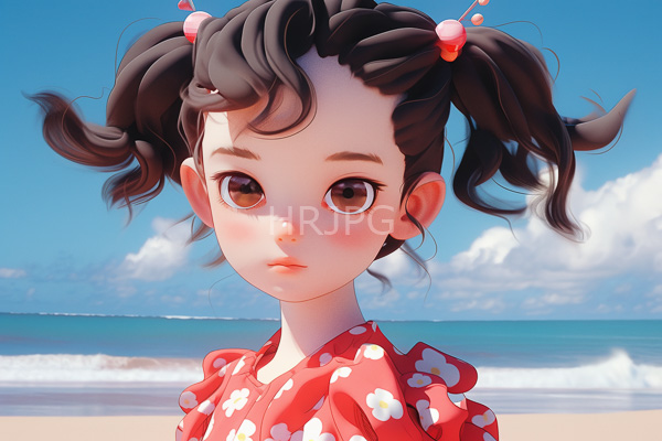 High Resolution: Anime-style drawing of a young girl with large brown eyes and fair skin wears a red floral dress with dark brown pigtails adorned with pink and red hairpins download. | HRJPG.com