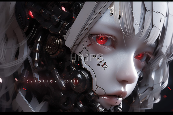 High Resolution: Cybernetic pale-skinned female with glowing red eyes white curly hair and mechanical parts integrated into her face has small intricate metallic designs on her cheek download. | HRJPG.com
