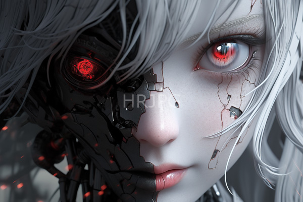 High Resolution: Pale-skinned white-haired anime-style girl has one red glowing cybernetic eye and the other human eye with her face cracked revealing black robotic elements download. | HRJPG.com