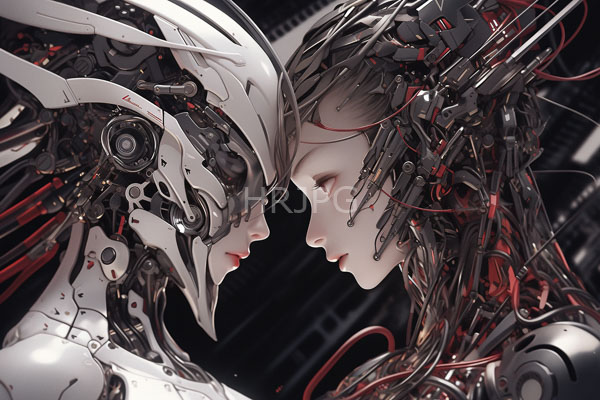 High Resolution: Close-up of two futuristic cybernetic humanoids with intricate mechanical headgear and hair: one in white sleek armor the other with black tangled wires download. | HRJPG.com