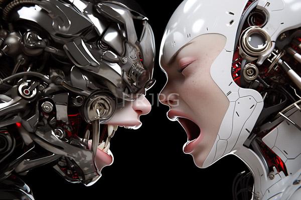 High Resolution: Close-up of two robotic heads with human-like features facing each other with open mouths as if roaring the left head is metallic and intricate the right head is white download. | HRJPG.com