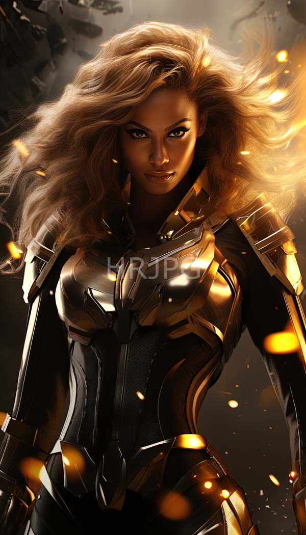 High Resolution: Fierce dark-skinned woman with flowing blonde hair wears a shiny black and gold armored suit with glowing embers floating around her against a dark blurred background download. | HRJPG.com