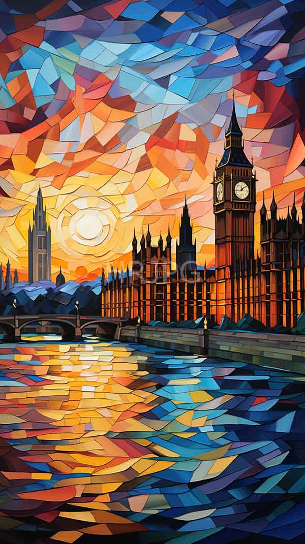 High Resolution: Stained-glass-style painting of London's Big Ben and the Houses of Parliament at sunset features vibrant geometrically fragmented colors download. | HRJPG.com