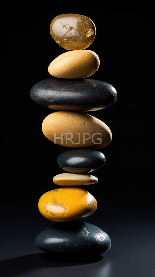 High Resolution: Balanced stack of smooth oval-shaped stones against a black background varies in color from dark black to golden yellow with a mix of matte and glossy textures download. | HRJPG.com