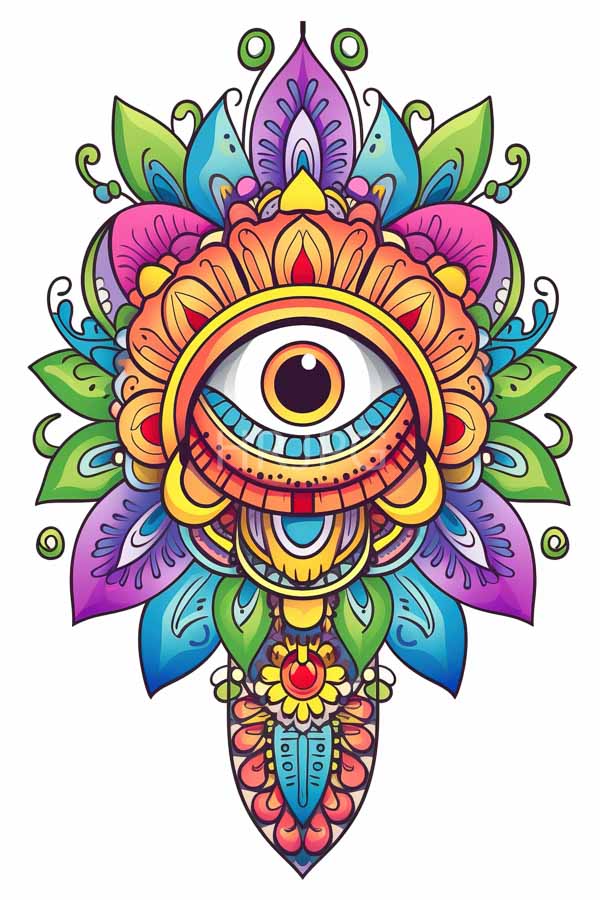 High Resolution: Vibrant drawing of a central eye surrounded by intricate colorful floral and leaf patterns with the eye detailed in blue and yellow accents download. | HRJPG.com