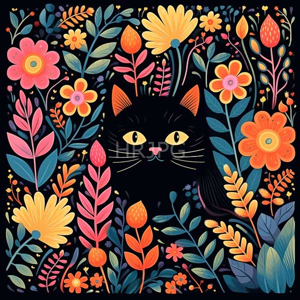 High Resolution: Black cat with yellow eyes is surrounded by vibrant colorful flowers and leaves in various shades of orange pink yellow and blue against a black background download. | HRJPG.com
