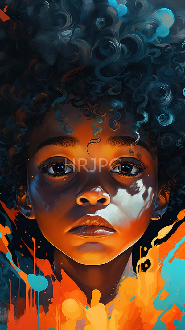 High Resolution: Young Black girl with dark curly hair large expressive eyes and full lips is illuminated by warm orange and cool blue light with corresponding paint splatters framing her face download. | HRJPG.com