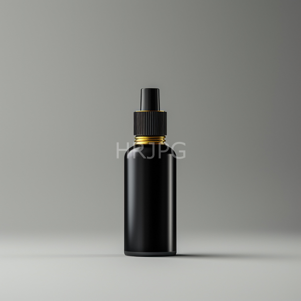 High Resolution: Sleek matte black spray bottle with a ribbed black and gold cap is centered against a gradient gray background download. | HRJPG.com