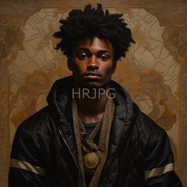 High Resolution: Young Black man with dark skin and a tall natural afro hairstyle wears a black quilted jacket with gold stripes a black shirt and a thick gold chain necklace download. | HRJPG.com