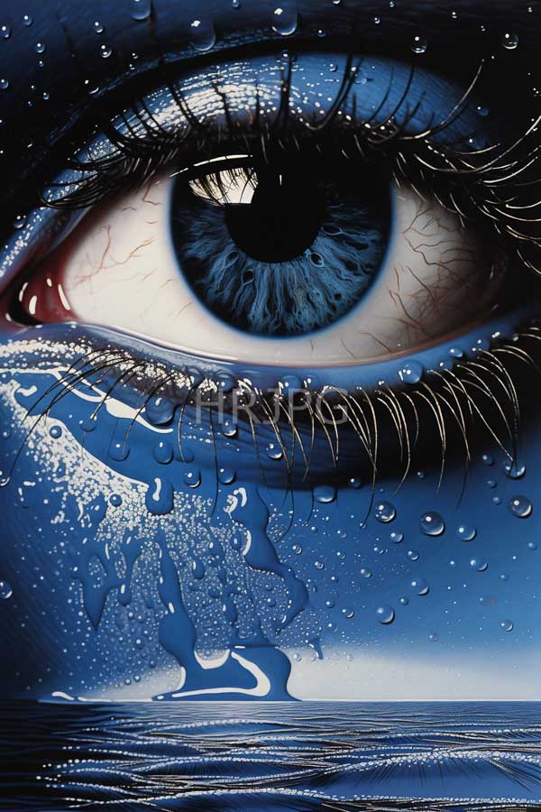 High Resolution: Blue-eyed human eye with detailed black lashes and a reflective pupil has water droplets covering it blending into a blue wave-like background download. | HRJPG.com