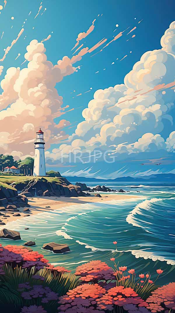 High Resolution: Coastal lighthouse with a white tower and red top stands on rocky cliffs with vibrant pink and red flowers in the foreground and a turquoise ocean in the background download. | HRJPG.com
