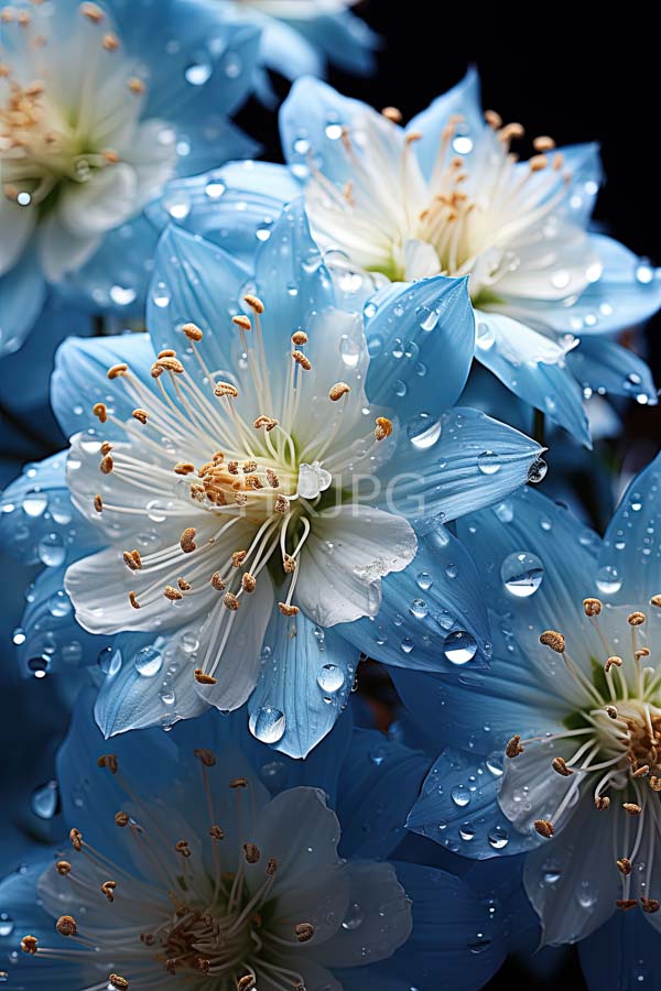 High Resolution: Vibrant blue and white flowers with delicate petals are adorned with glistening water droplets with prominent yellow stamens against a dark background download. | HRJPG.com