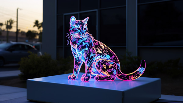 High Resolution: Neon-lit abstract cat sculpture sits on a white pedestal illuminated in vibrant blue pink and yellow neon lights against a background featuring a modern building download. | HRJPG.com