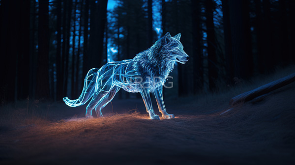 High Resolution: Glowing neon-blue wireframe wolf stands in a dark forest at night with its outline illuminated to reveal a detailed skeletal structure download. | HRJPG.com