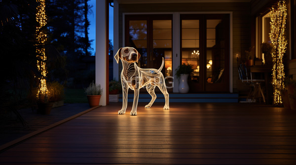 High Resolution: Lit wireframe dog sculpture stands on a wooden porch at dusk illuminated from within casting a warm glow against a house with glass doors and string lights download. | HRJPG.com