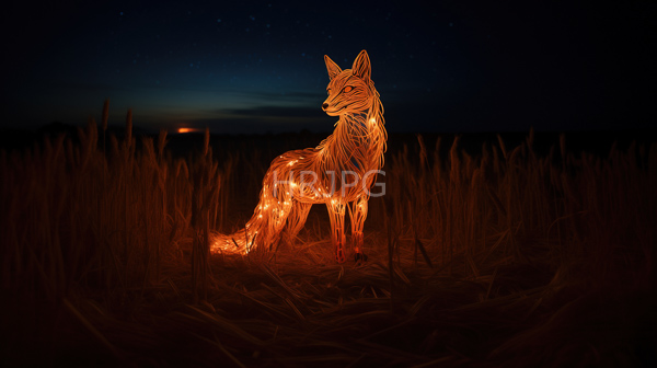 High Resolution: Glowing intricately detailed wire fox sculpture stands in tall dark grass under a starry night sky illuminated with warm orange lights download. | HRJPG.com