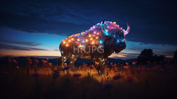 High Resolution: Glowing illuminated bison statue in a field at dusk is adorned with colorful LED lights in pink purple and blue highlighting its textured fur and prominent horns download. | HRJPG.com