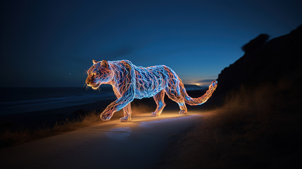 High Resolution: Glowing neon wire sculpture of a tiger illuminated in blue and orange stands on a concrete path at night against a dark rocky cliff and dimly lit ocean download. | HRJPG.com