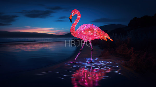 High Resolution: Vividly illuminated pink flamingo stands in shallow water at dusk with its neon pink and orange feathers reflecting in the water against a dark blue and purple sky download. | HRJPG.com