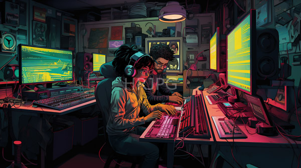 High Resolution: Dimly lit cluttered music production studio features a Black woman with curly hair and a bearded man with curly brown hair and glasses working at a keyboard and computer download. | HRJPG.com