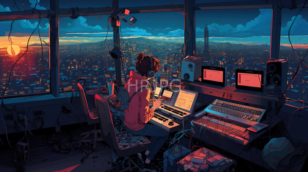 High Resolution: Young person with brown hair in a red hoodie sits at a cluttered high-tech control room with large windows facing a cityscape at sunset download. | HRJPG.com