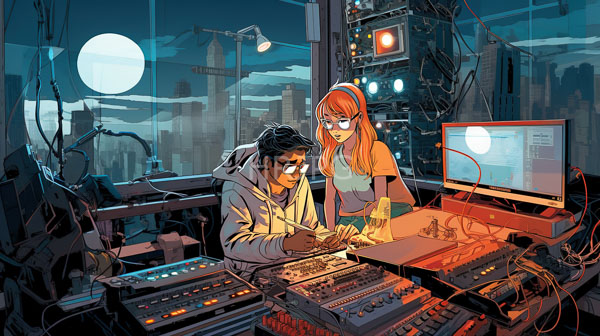 High Resolution: Futuristic control room at night features a dark-skinned man with glasses and a light-skinned woman with red hair and glasses working on a computer and mixing board download. | HRJPG.com