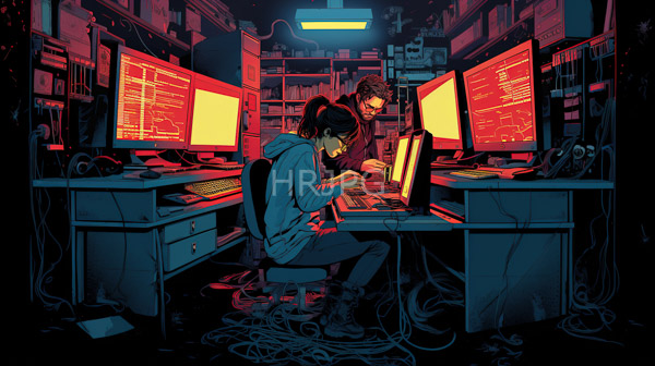 High Resolution: Dimly lit cyberpunk-style computer room features two individuals at desks with multiple glowing red and yellow monitors displaying code download. | HRJPG.com