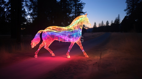 High Resolution: Glowing neon-colored horse sculpture illuminated by multicolored lights (red orange yellow green blue purple) stands on a dirt path in a forest at dusk download. | HRJPG.com