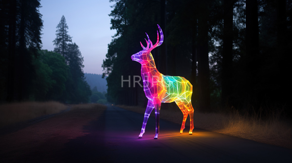 High Resolution: Neon wireframe deer sculpture stands on a dark forest road at dusk glowing in vibrant colorspurple green yellow orange and pinkagainst tall shadowy trees download. | HRJPG.com