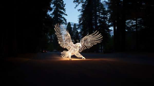 High Resolution: Glowing wireframe sculpture of an eagle in mid-flight illuminated by warm light is set against a dark forest background with tall trees download. | HRJPG.com