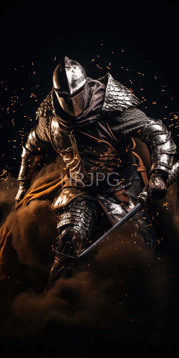 High Resolution: Medieval knight in shiny reflective silver armor with a helmet and gauntlets is wielding a sword with sparks flying around and partially enveloped in dark mist download. | HRJPG.com