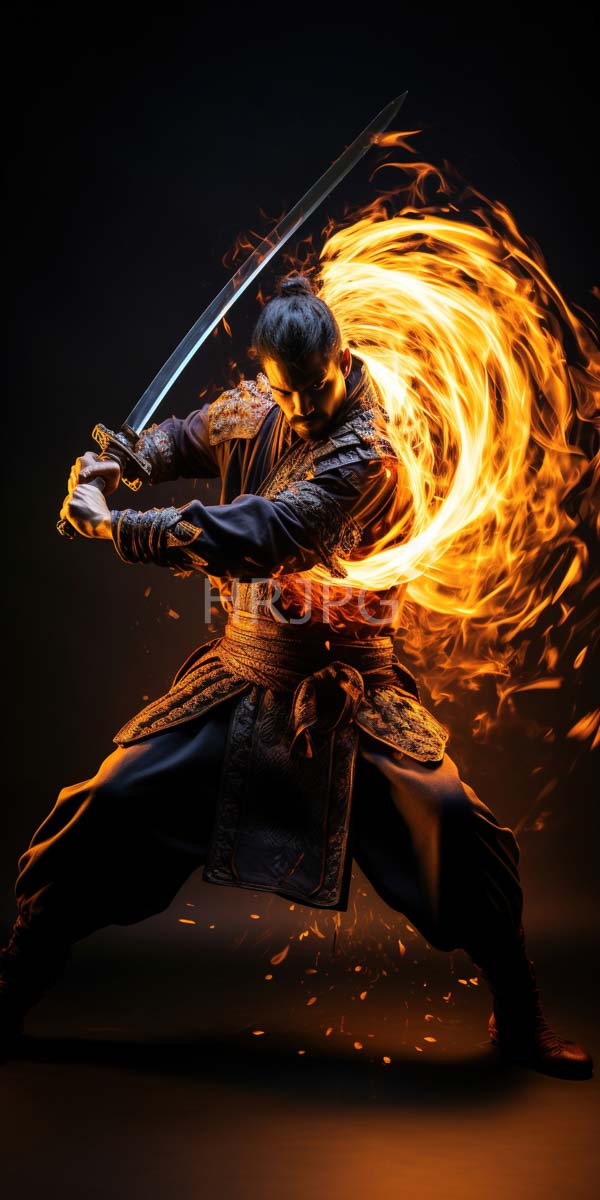 High Resolution: Muscular Asian man in traditional martial arts attire wields a glowing sword in a dynamic low stance surrounded by swirling fiery orange and yellow flames download. | HRJPG.com