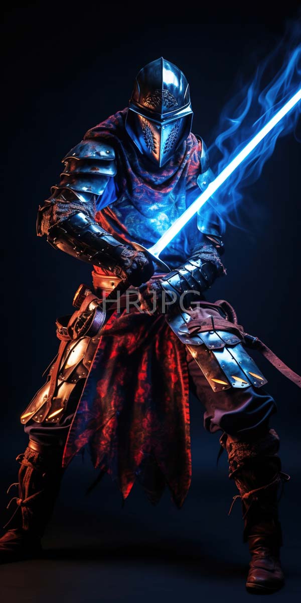 High Resolution: Medieval knight in full armor wearing a metallic helmet holds a glowing blue sword with a fiery blue blade and a red tattered cloak download. | HRJPG.com