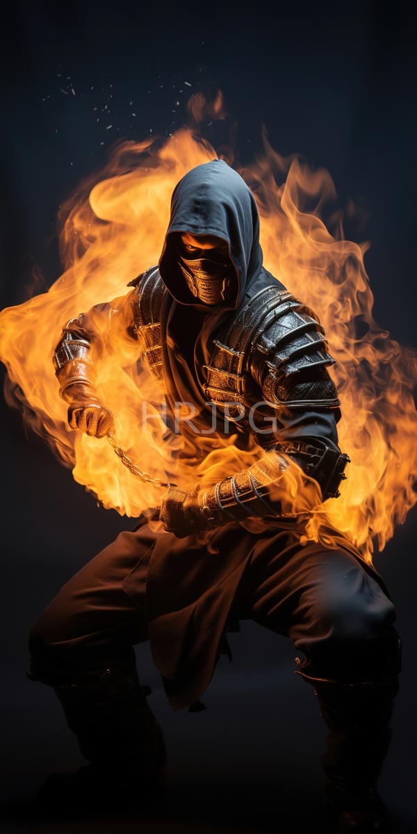 High Resolution: Hooded armored warrior engulfed in bright orange flames is kneeling with a fierce stance wearing a metal mask and dark tattered cloak over silver segmented armor download. | HRJPG.com