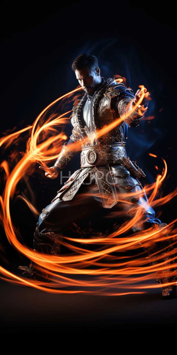 High Resolution: Muscular dark-skinned man with short hair wears ornate silver armor and black pants wielding fiery orange energy swirls around him against a pitch-black background download. | HRJPG.com