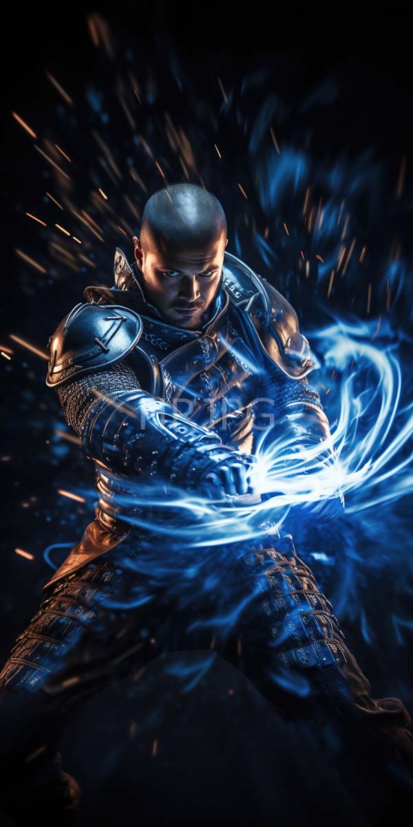 High Resolution: Muscular bald man in detailed metallic armor wields a glowing blue energy ring with swirling light effects with his intense expression illuminated by the blue light download. | HRJPG.com
