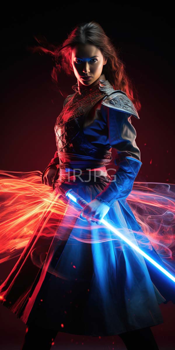 High Resolution: Young woman with long brown hair wears medieval-style armor and a flowing blue dress holding a glowing blue and red lightsaber against a dark red background download. | HRJPG.com