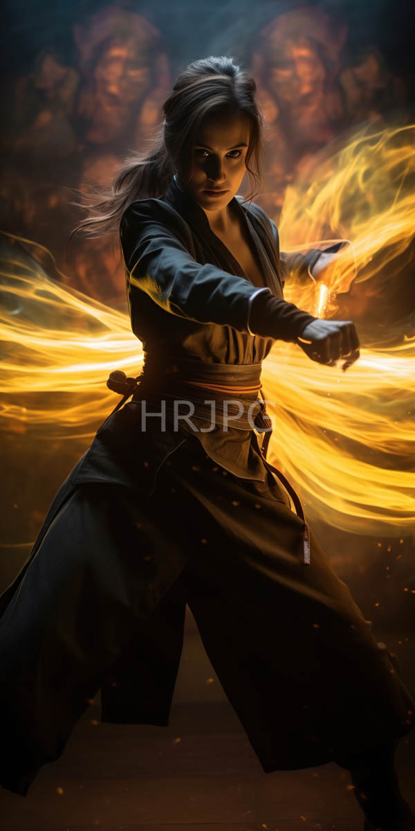 High Resolution: Fierce young woman with light brown skin and long dark brown hair wields fiery energy with her right hand wearing a black open-front robe with a brown sash download. | HRJPG.com