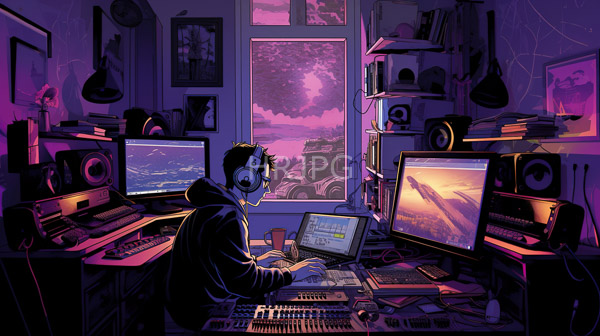 High Resolution: Young man with dark hair wears a hoodie and headphones sitting at a cluttered desk with multiple monitors a laptop and audio equipment in a dimly lit room with purple and pink hues download. | HRJPG.com