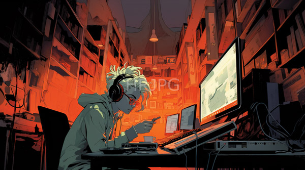 High Resolution: White-haired androgynous person with glasses and black headphones wears a green hoodie sitting at a desk in a dimly lit red-hued futuristic library focused on a laptop and large monitor download. | HRJPG.com
