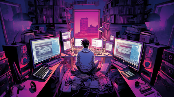 High Resolution: Young man with dark hair sits cross-legged on a cluttered desk surrounded by five monitors in a dimly lit book-filled room with pink and purple neon lighting download. | HRJPG.com