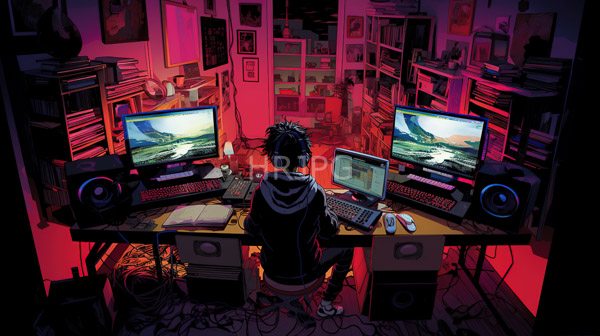 High Resolution: Young male gamer with short black hair wears a black hoodie and white underwear seated at a cluttered desk facing three computer monitors displaying a scenic landscape download. | HRJPG.com