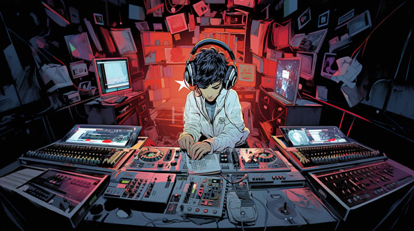 High Resolution: Young male DJ with short black hair wears large black headphones and a white shirt operating a complex illuminated mixing console surrounded by multiple screens download. | HRJPG.com