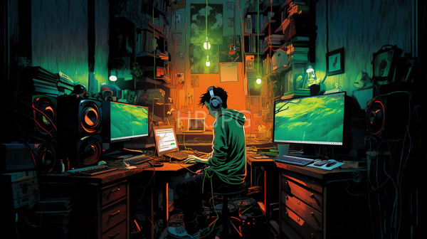 High Resolution: Young man with dark hair and headphones wears a green hoodie sitting at a cluttered desk in a dimly lit tech-filled room facing two computer monitors displaying a green abstract landscape download. | HRJPG.com