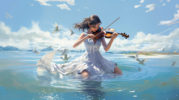 High Resolution: Young woman with flowing dark hair kneels in a serene reflective lake wearing a white sleeveless flowing dress playing a violin with seagulls flying around her download. | HRJPG.com