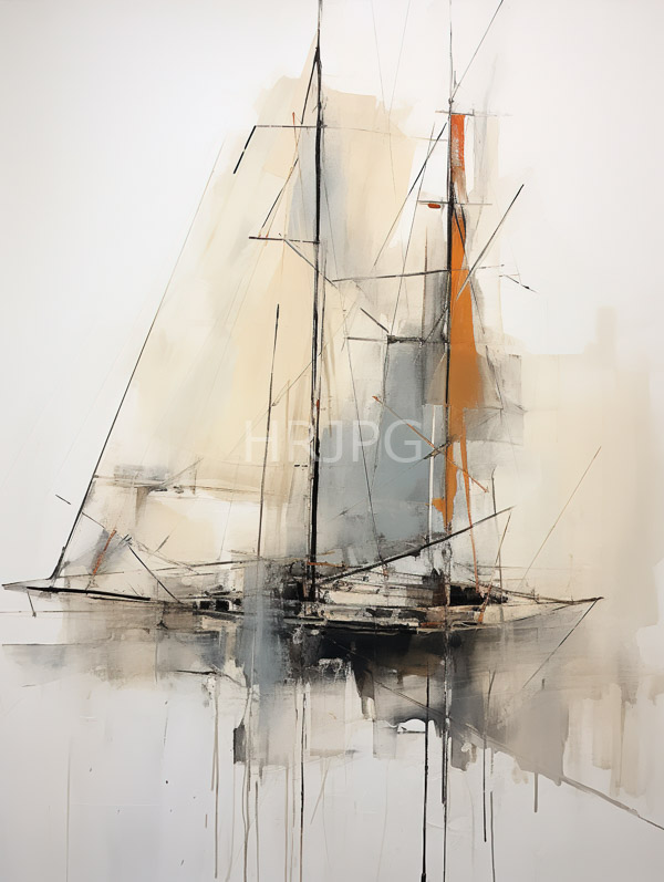 High Resolution: Abstract watercolor painting of a sailboat features black and orange masts with translucent beige and gray sails and thin black and orange lines creating a skeletal structure download. | HRJPG.com