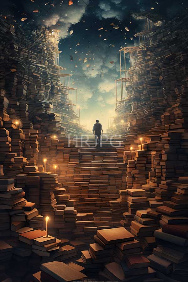 High Resolution: Lone figure stands at the top of a massive winding staircase made of stacked books illuminated by soft glowing candles with a cloudy twilight sky in the background download. | HRJPG.com