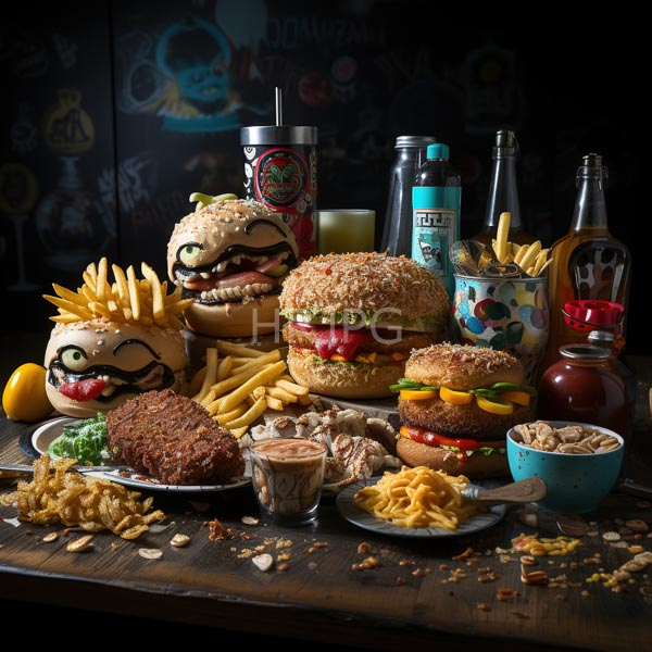 High Resolution: Vibrant eclectic burger and fries display on a wooden table features three large detailed burger sculptures surrounded by golden fries a crispy fish fillet and a small glass of milk download. | HRJPG.com