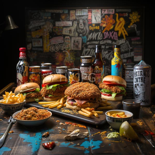 High Resolution: Rustic graffiti-decorated table features three large varied burgers with crispy breading lettuce tomato and cheese surrounded by golden fries and a bowl of spicy coleslaw download. | HRJPG.com