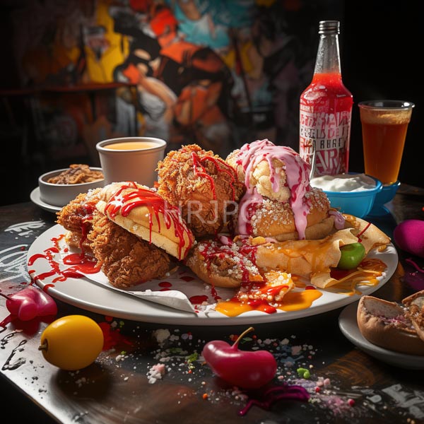 High Resolution: Vibrant eclectic food scene features a white plate with fried chicken pieces a burger topped with pink and red sauces chips colorful fruits and a bottle of "Sour Cherry Ginger" download. | HRJPG.com